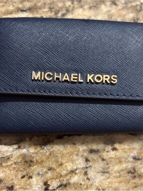 Michael Kors Navy Saffiano Leather Continental Wallet with Gold Logo
